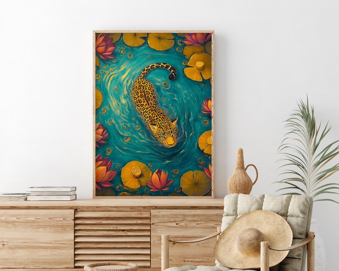 Swimming Leopard Poster, Maximalist Bathroom Decor - Image 3