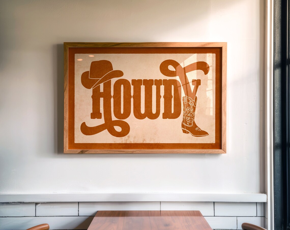 Howdy Burnt Orange Cowboy Hat Boot Typography Cream Western Print