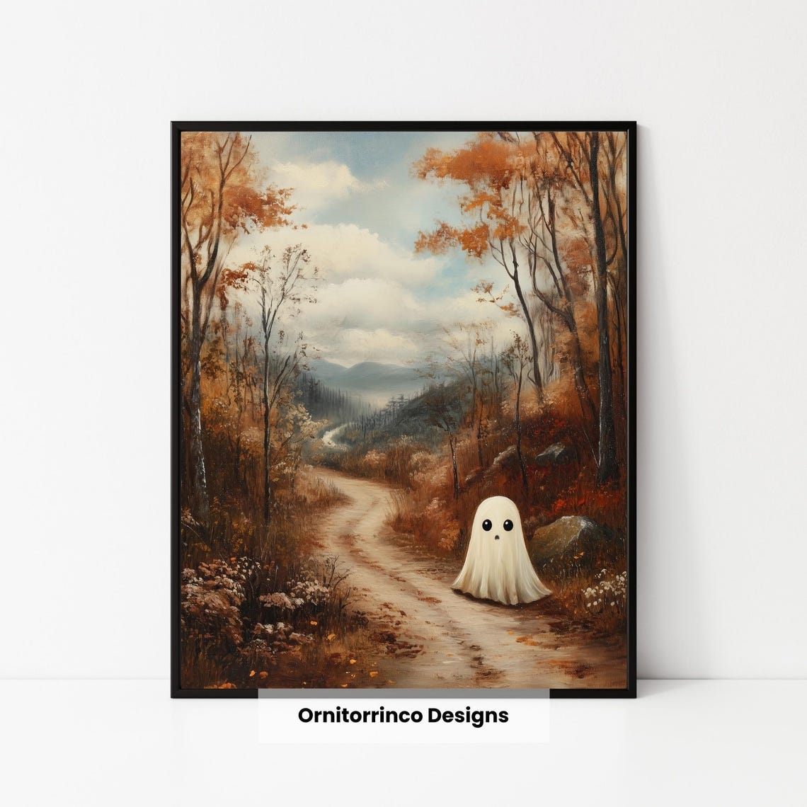 Cute Ghost Autumn Forest Path Fall Leaves Spooky Halloween Wall Art - Image 3