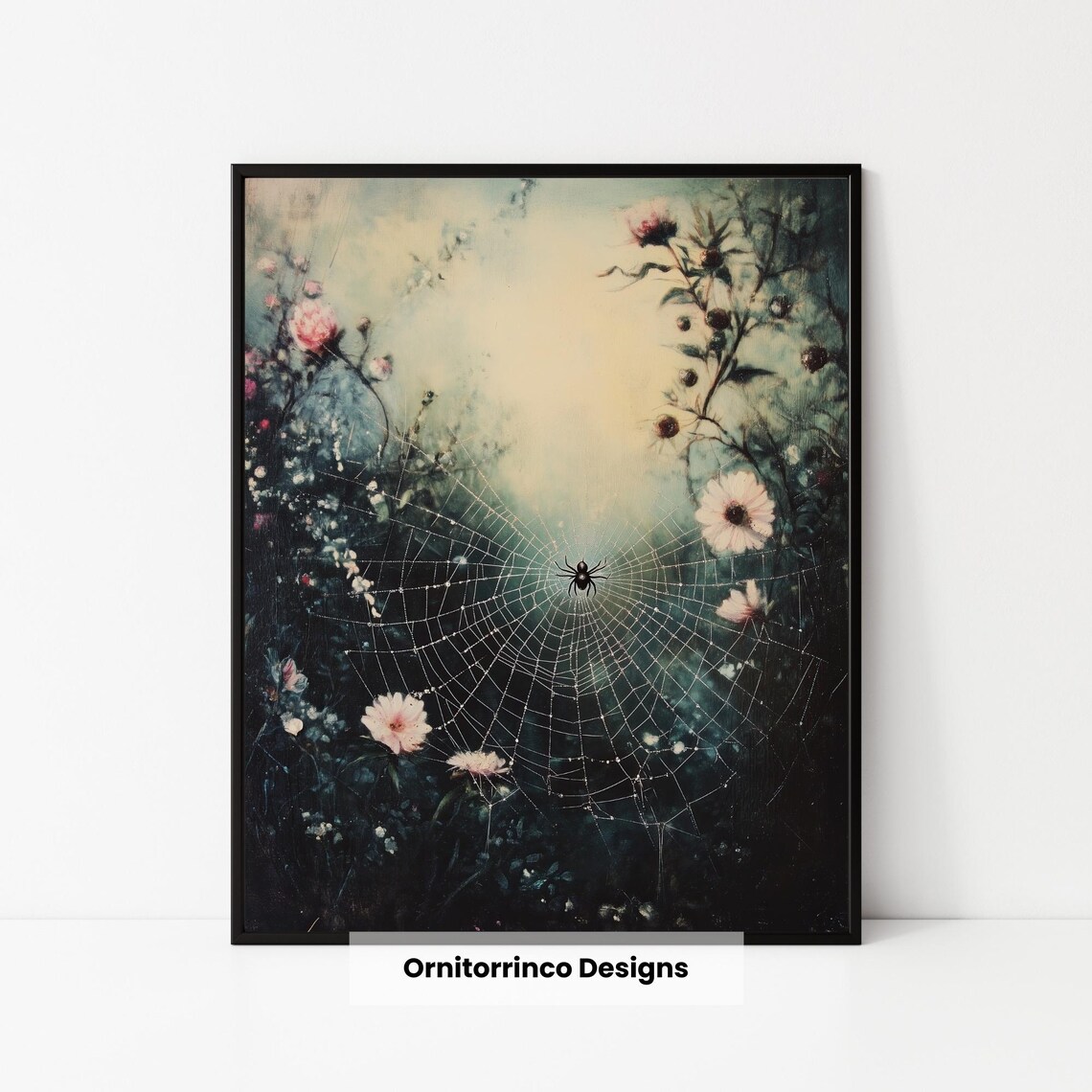 Spider Web Wildflowers Watercolor Spooky Halloween Nature Wall Art - Image 3