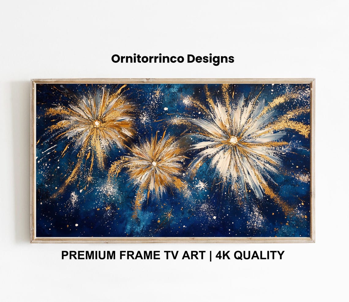 Gold White Fireworks Deep Blue Night Sky Festive Painting Poster