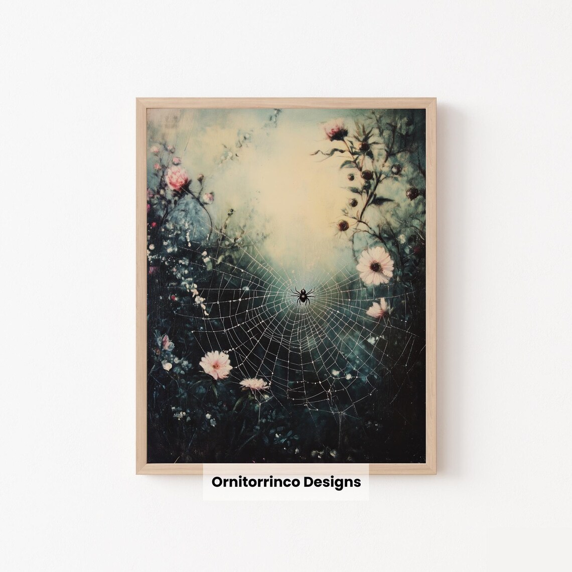 Spider Web Wildflowers Watercolor Spooky Halloween Nature Wall Art - Image 2