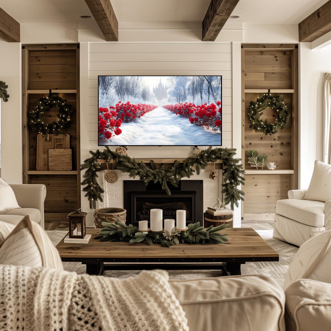 Winter Red Rose Snowy Path Forest Church Scene Romantic Wall Art - Image 2