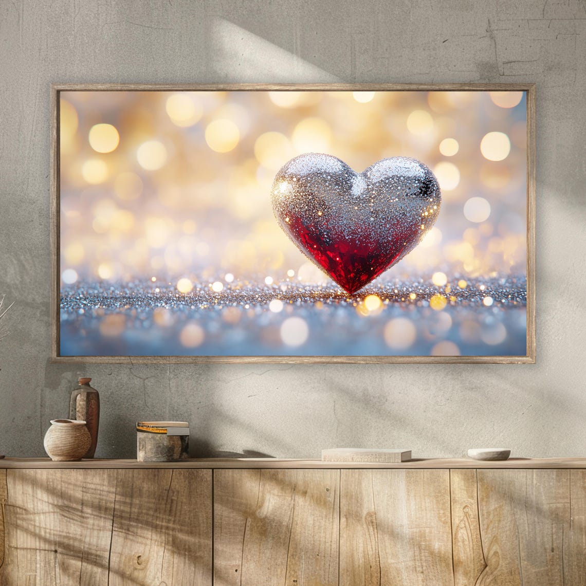 Glitter Red Silver Heart Sparkling Bokeh Romantic Valentine Wall Art - Image 2