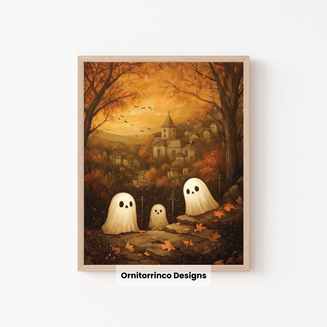 Cute Ghosts Autumn Graveyard Church Spooky Halloween Art Poster - Image 2