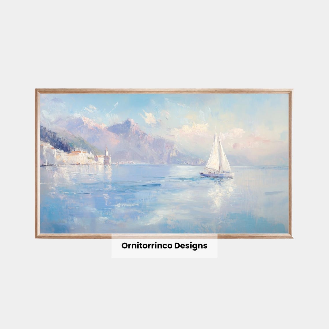 Sailboat Blue Sea Coastal Town Mountain Lake Soft Pastel Travel Poster