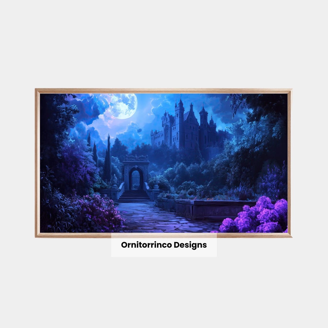 Gothic Castle Full Moon Blue Night Spooky Halloween Wall Art Print - Image 2