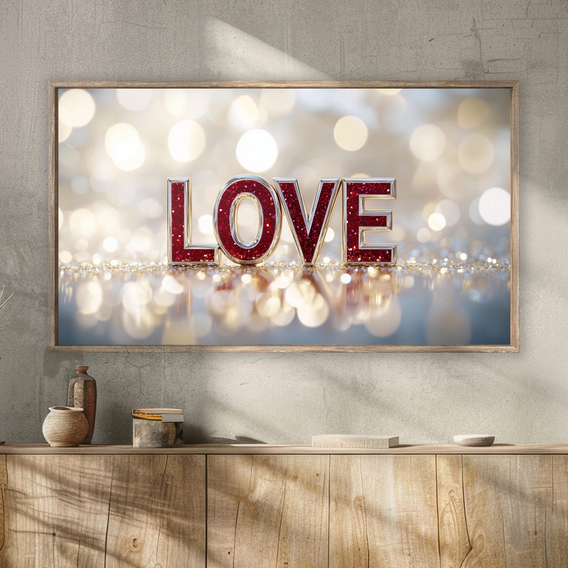 Red Glitter Love Letters Sparkling Bokeh Romantic Word Wall Art - Image 2