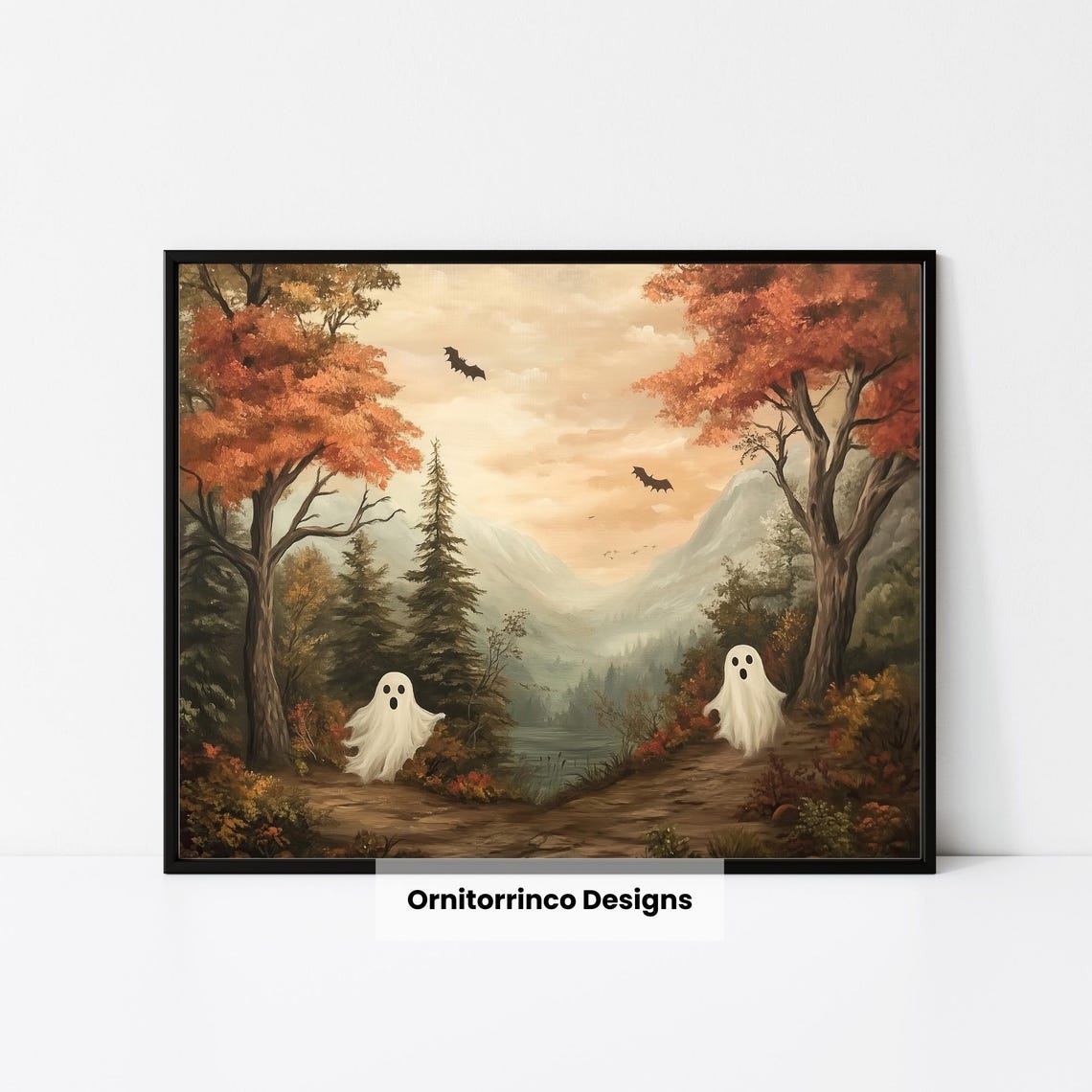 Vintage Ghosts Autumn Valley Spooky Cute Halloween Art Print Poster