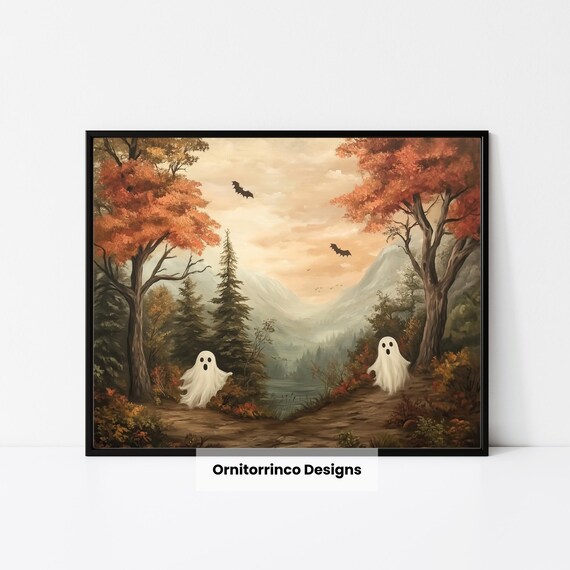 Vintage Ghosts Autumn Valley Spooky Cute Halloween Art Print Poster