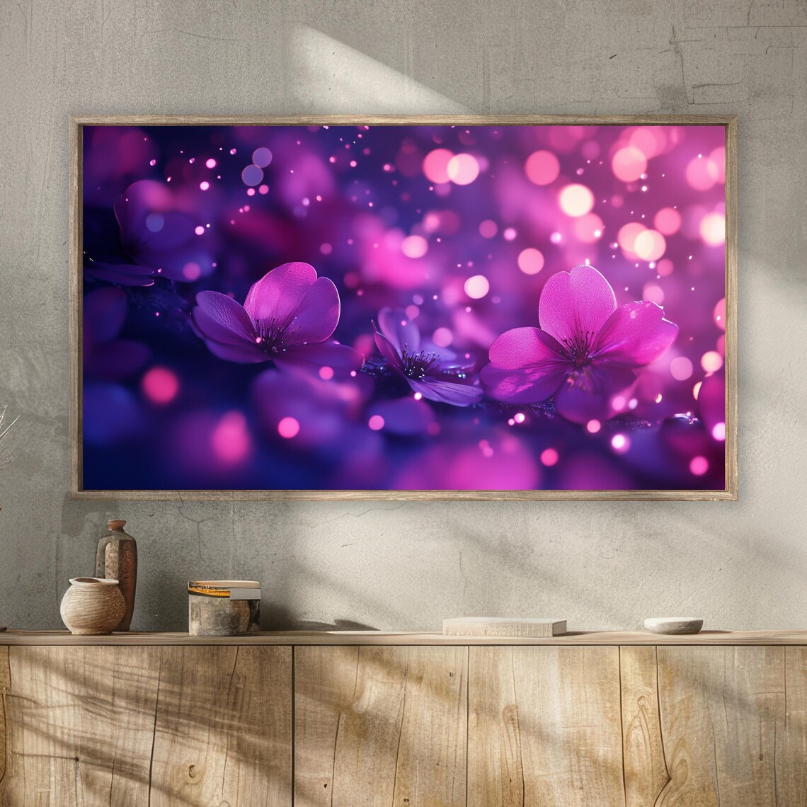 Purple Cherry Blossom Night Blooms Bokeh Glow Floral Wall Art Print - Image 2