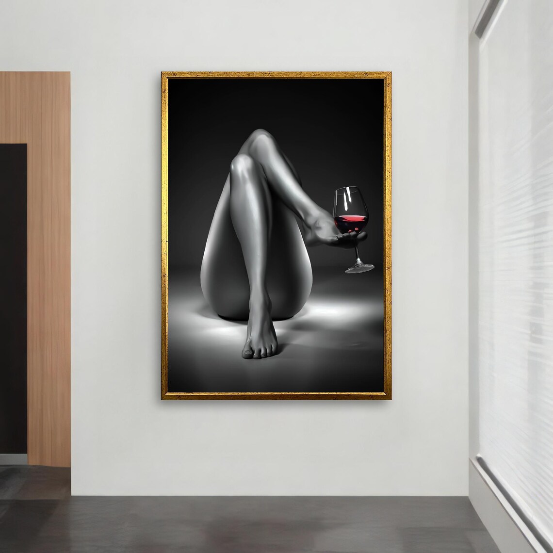 Nude Woman Legs Holding Red Wine Glass Black and White Photo Poster - Image 2