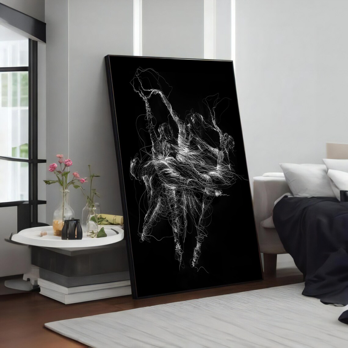 Black and White Calligraphic Ballerina Dancers Line Art Modern Dance Poster - Image 4