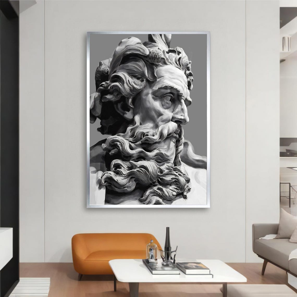 Ancient Greek God Marble Bust Black and White Statue Wall Art - Image 4