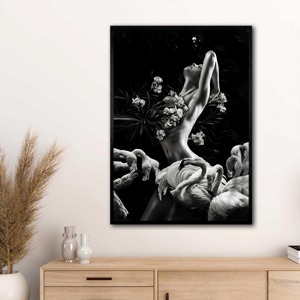 Black and White Nude Woman Among Flowers Monochrome Art Photo Poster - Image 2