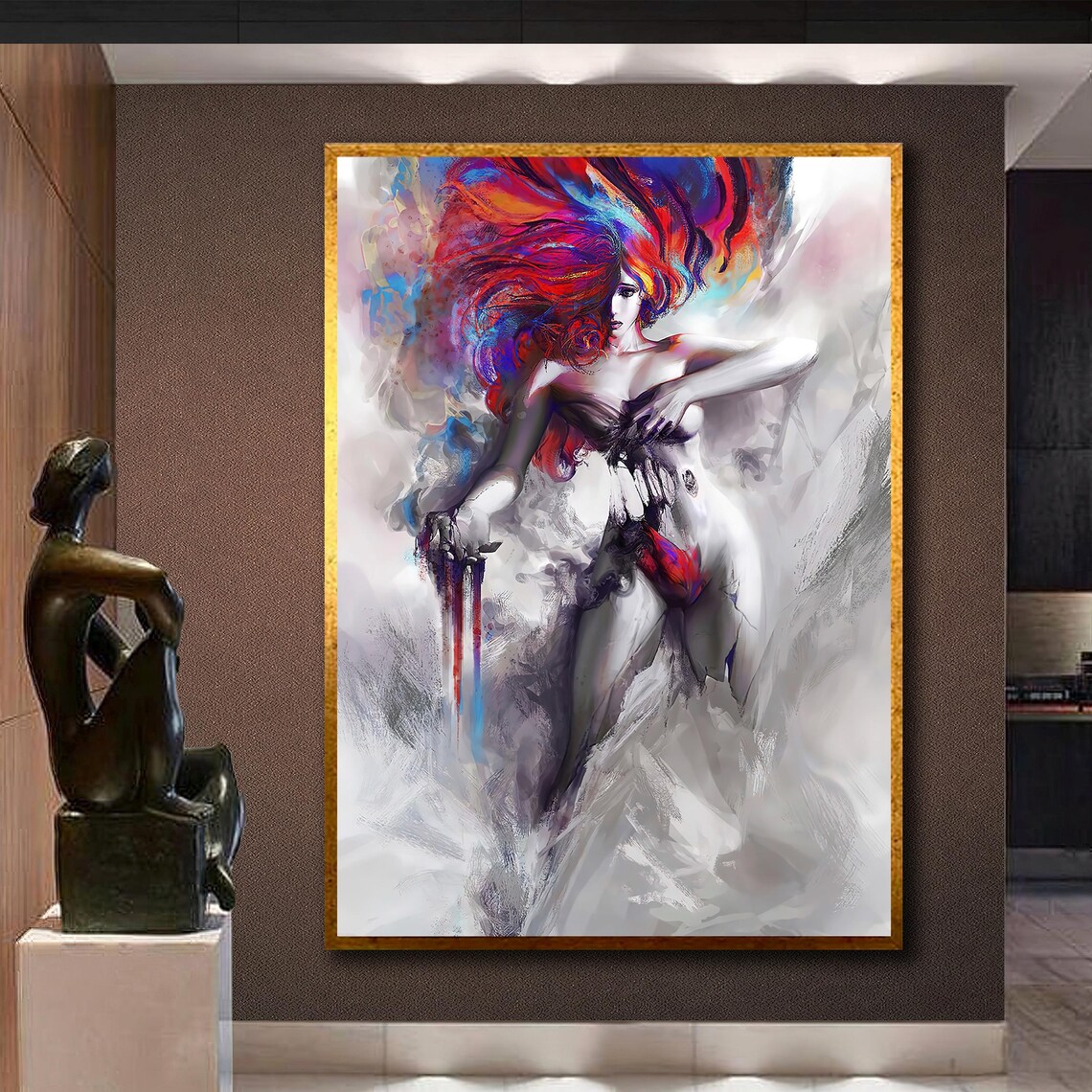 Colorful Splash Hair Woman Pop Art Nude Painting Multicolor Wall Art - Image 3