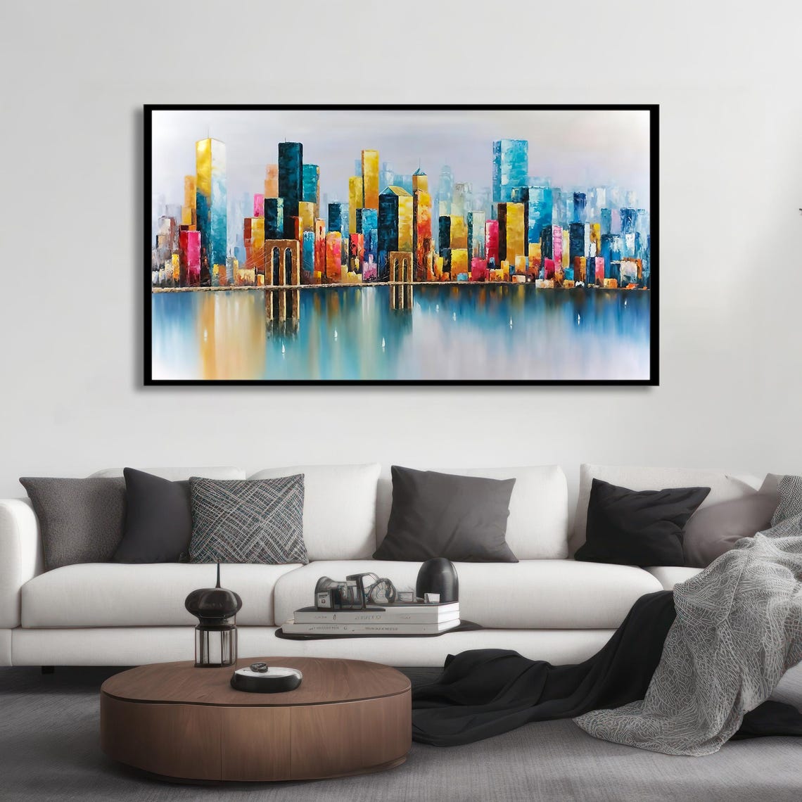 Colorful City Skyline Water Reflection Modern Abstract Art Poster - Image 3