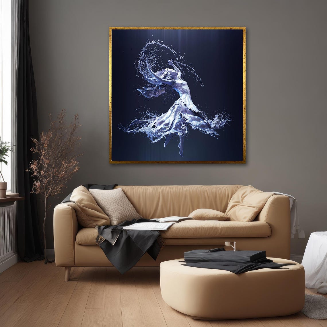 Water Splash Dancing Woman Figure Midnight Blue Abstract Art Poster - Image 2