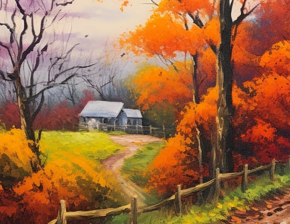 Autumn Country Lane Red Maple Trees Old Barn Fence Scene Poster - Image 2