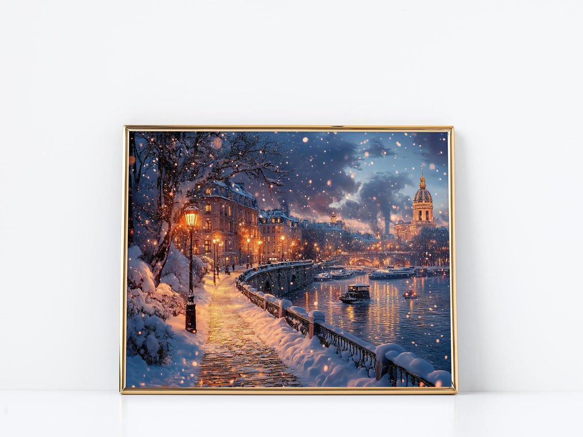 Paris Seine Quay Snowy Night Dome and Glowing Lamplights Poster
