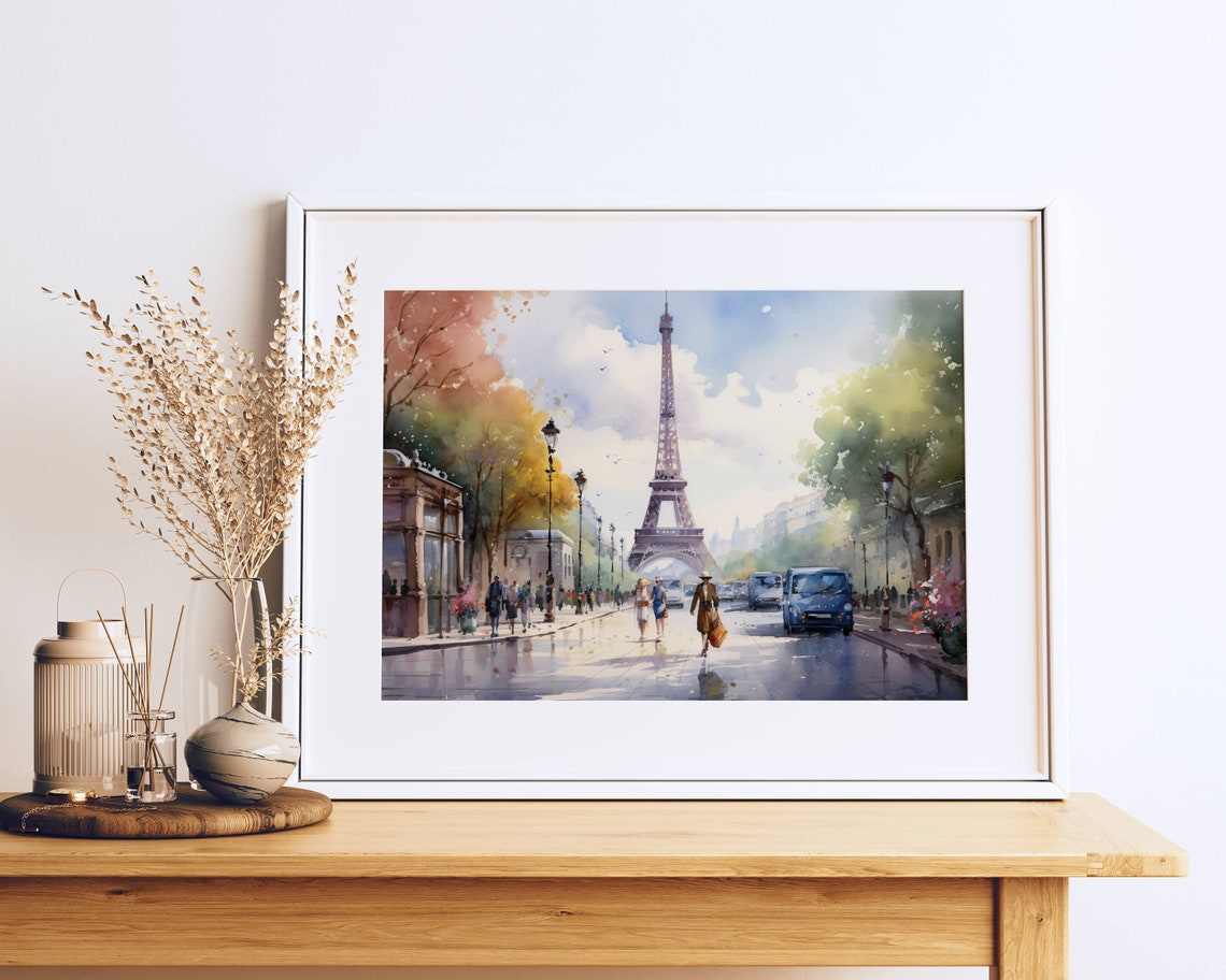 Eiffel Tower Autumn Rain Watercolor Paris Street Scene Poster
