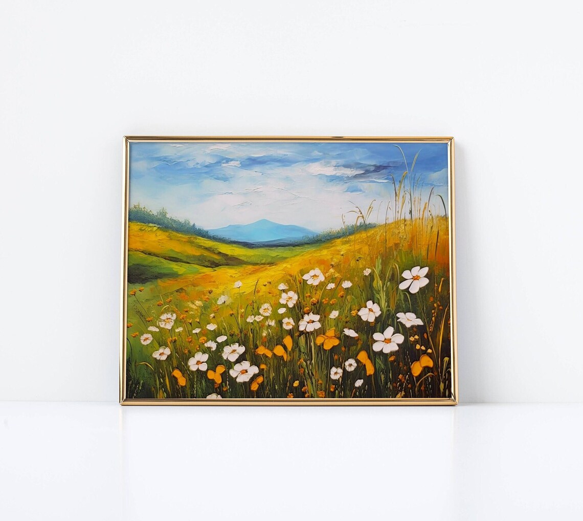 Summer Meadow Painting White Daisies Golden Hills Landscape Poster - Image 2