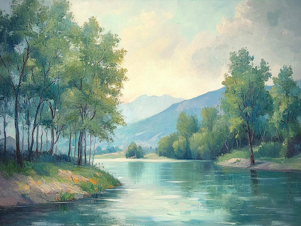 Tranquil River Through Green Forest Mountain Landscape Poster - Image 2