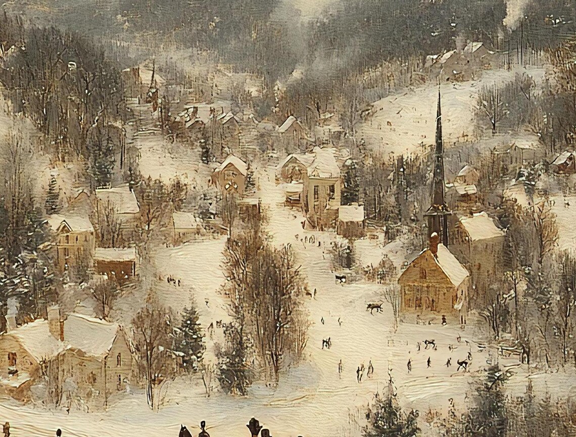 Oil Painting Of Victorian Winter Nostalgic Snow Scene Historical New England Village Christmas Holiday Art Wall Art - Image 3