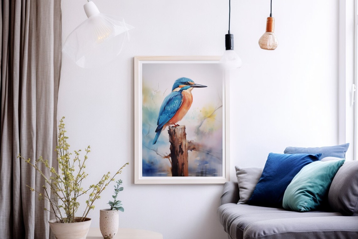 Common Kingfisher Perched On Stump Watercolor Bird Painting Poster - Image 2