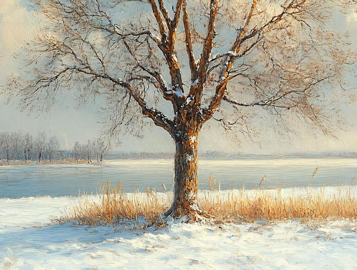 Solitary Tree Winter Lakeside Serene Snow Blue Sky Art Poster - Image 3