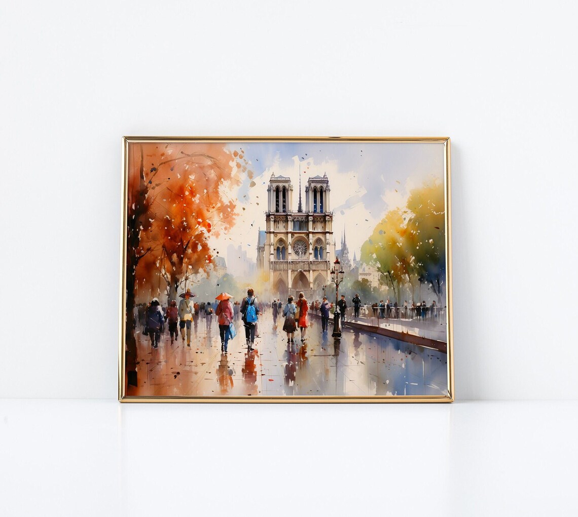 Notre Dame Cathedral Paris Autumn Rain Street Watercolor Poster - Image 3