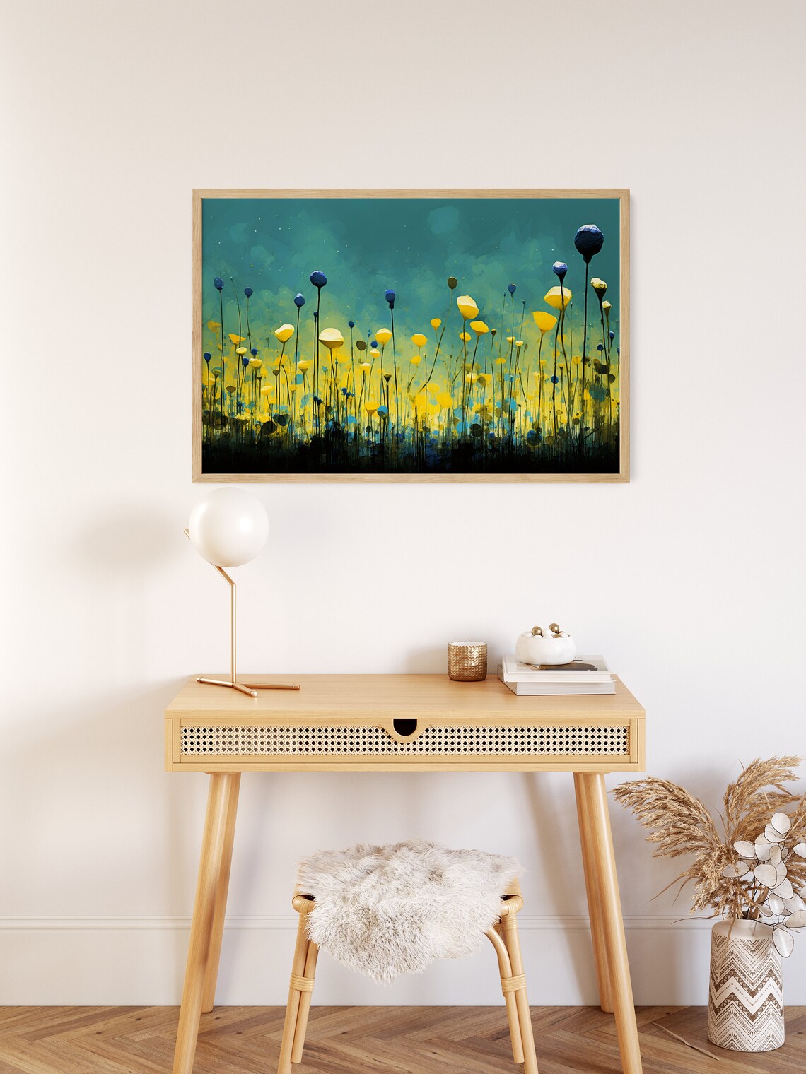 Abstract Wildflower Field Blue Buds Yellow Blooms Teal Sky Art Poster - Image 2