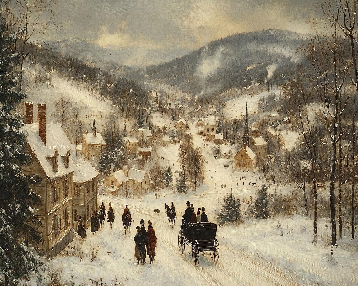 Oil Painting Of Victorian Winter Nostalgic Snow Scene Historical New England Village Christmas Holiday Art Wall Art - Image 2