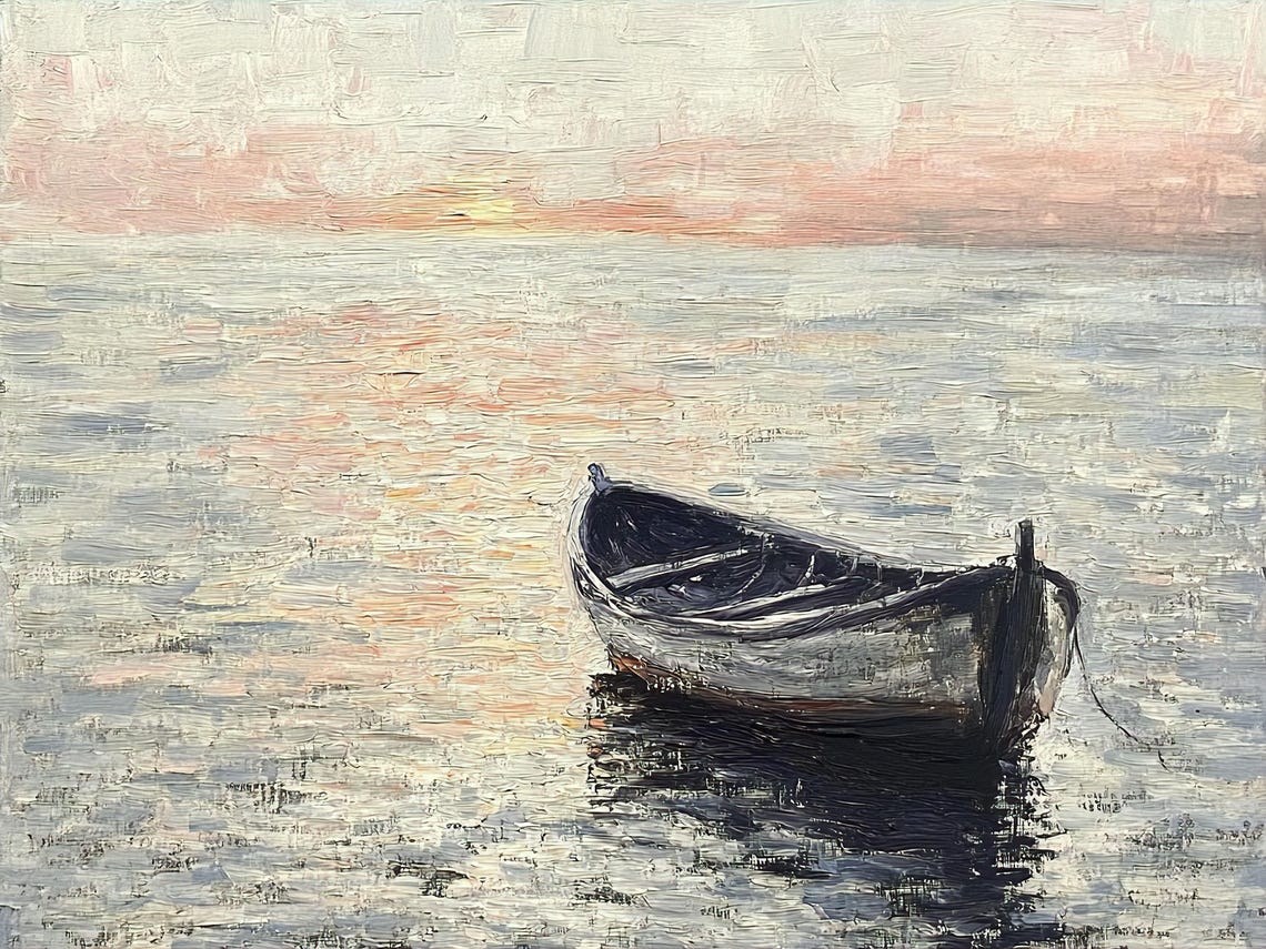 Lone Boat Calm Sea Pastel Dawn Impressionist Seascape Poster - Image 2