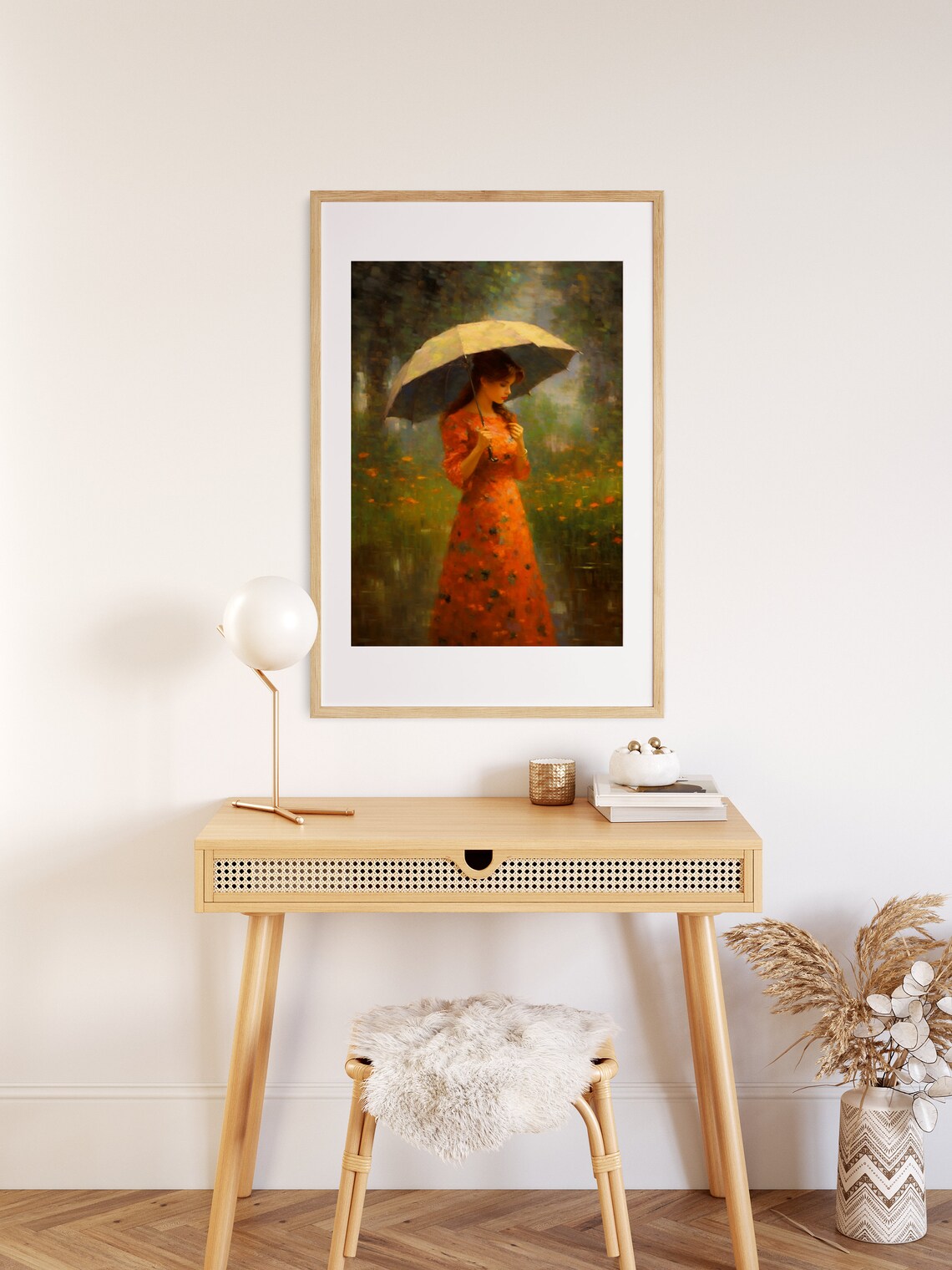 Woman With Umbrella Rainy Flower Garden Orange Dress Romantic Poster - Image 2