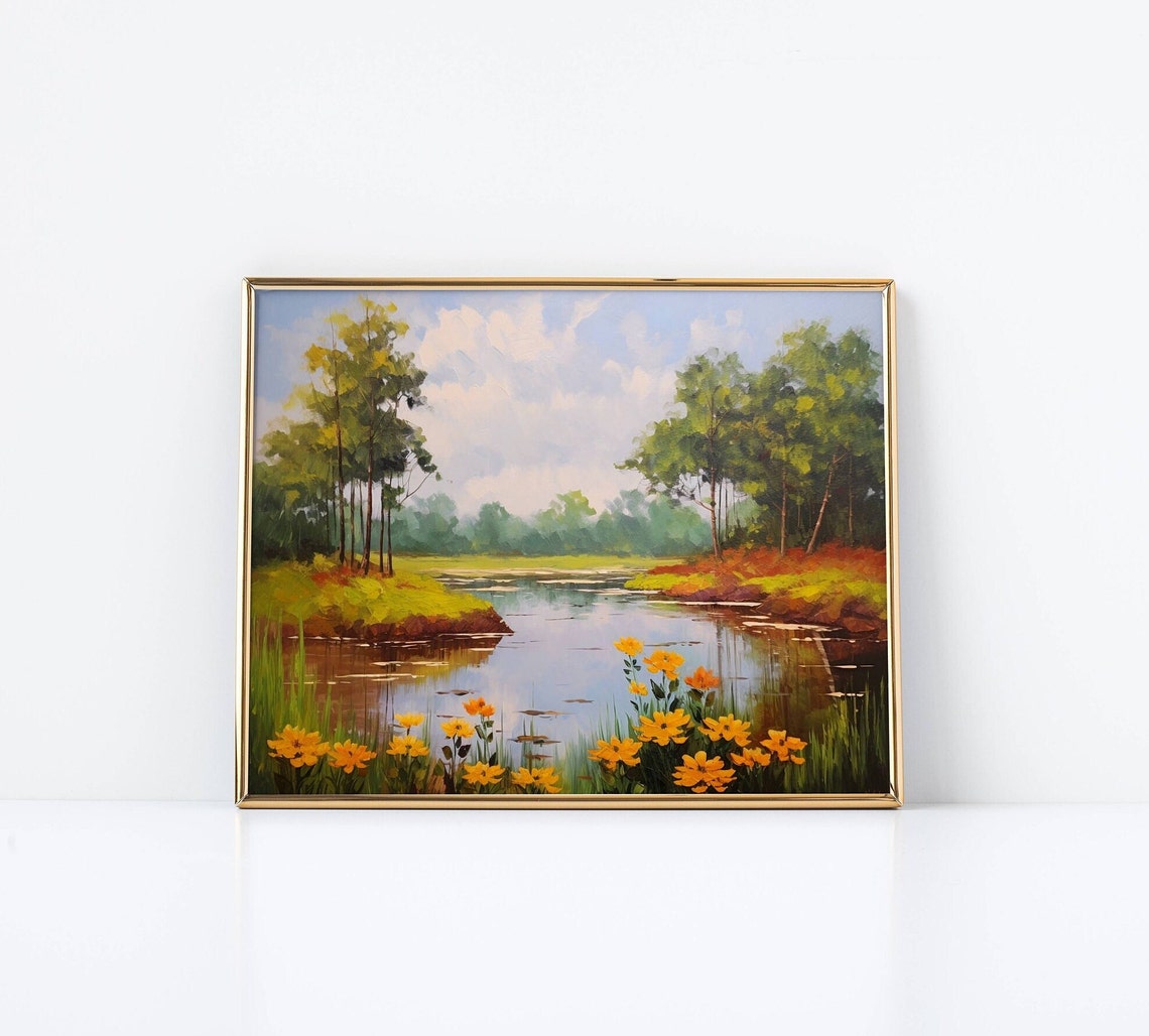 Peaceful Lakeside With Yellow Wildflowers Impressionist Art Poster - Image 2