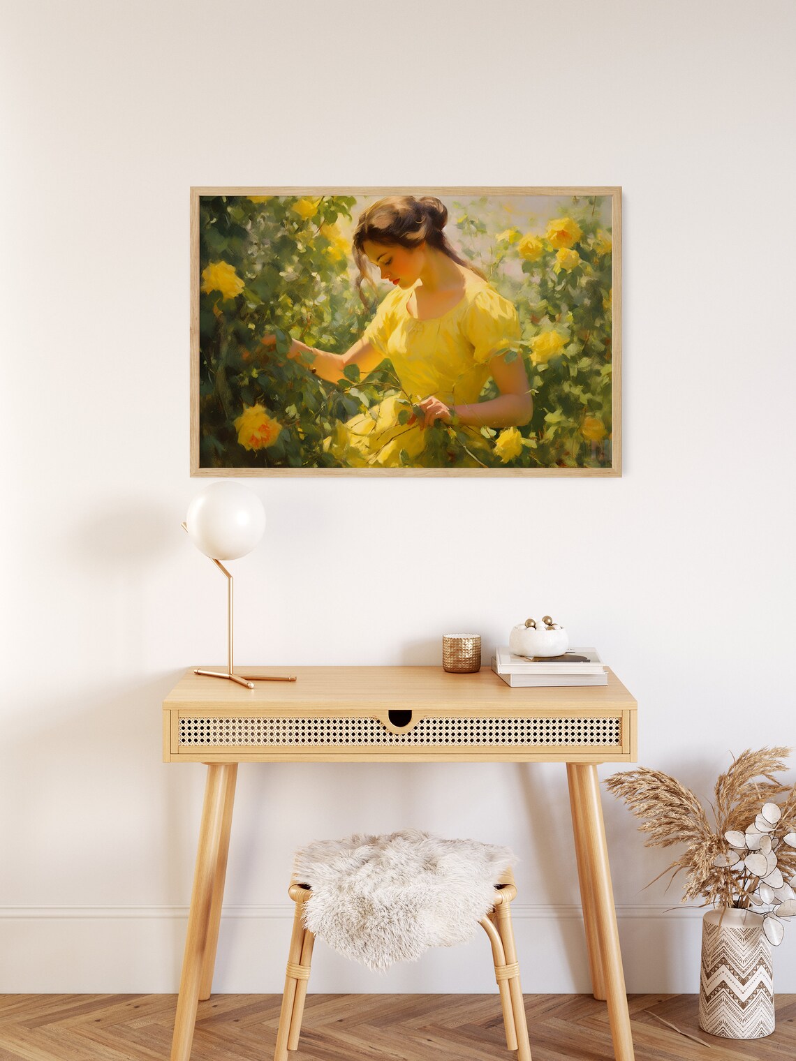 Young Woman in Yellow Dress Among Roses Figurative Romance Poster - Image 2