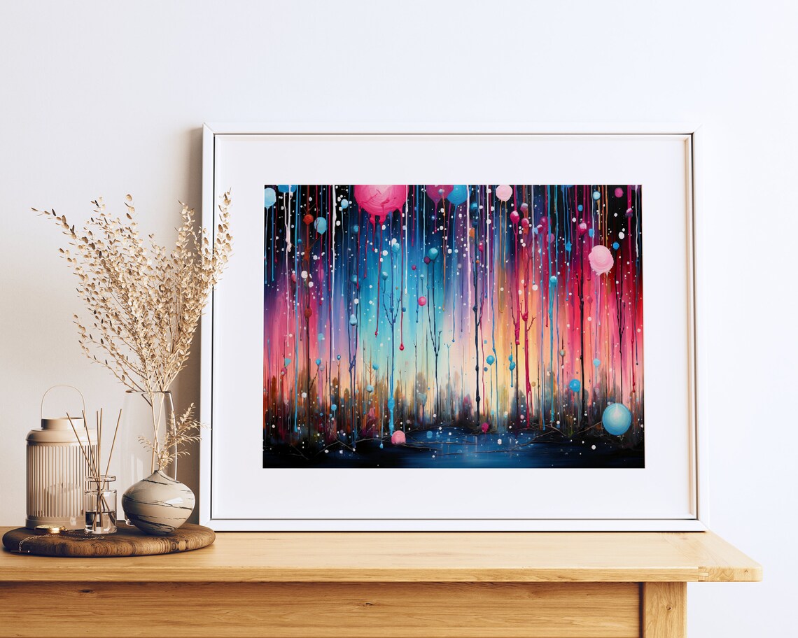 Abstract Drip Painting Colorful Blooms Pink Blue Dark Floral Poster