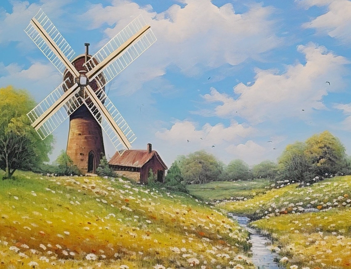 Windmill Daisy Meadow Stream Classic Countryside Scene Poster - Image 2
