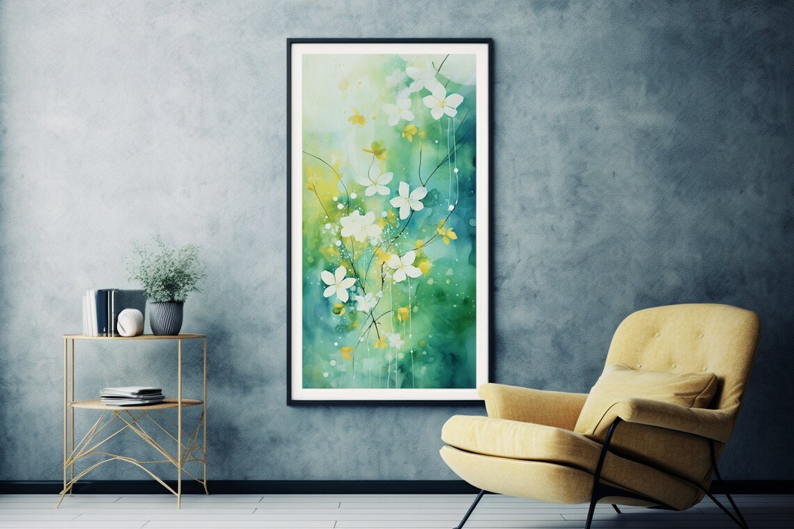 White Blossom Flowers Painting Green Watercolor Garden Poster - Image 3