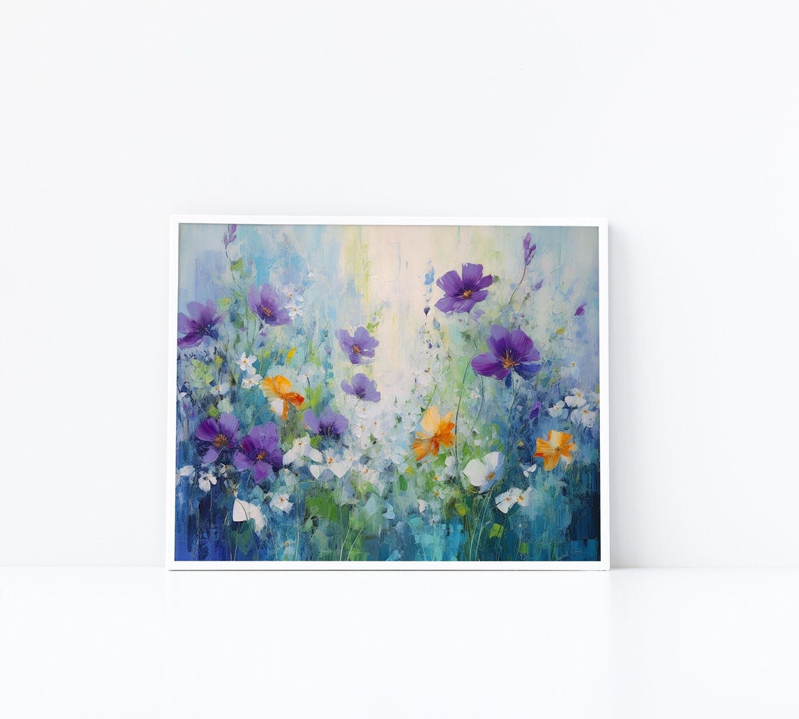 Soft Purple Wildflowers In Misty Blue Meadow Floral Art Poster - Image 2