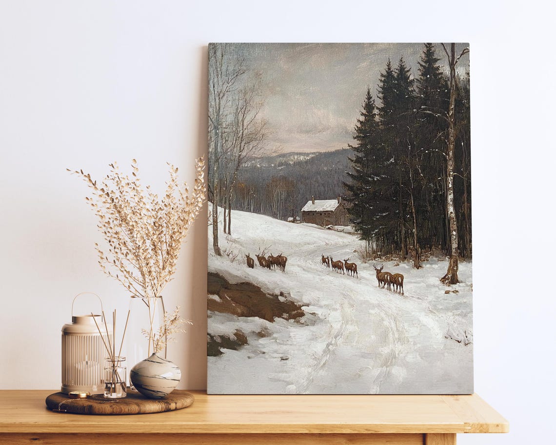 Winter Deer Herd Mountain Cabin Snowy Forest Wildlife Poster - Image 2