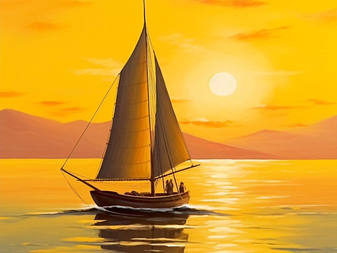 Sailboat Silhouette On Golden Sunset Ocean Seascape Painting Poster - Image 3