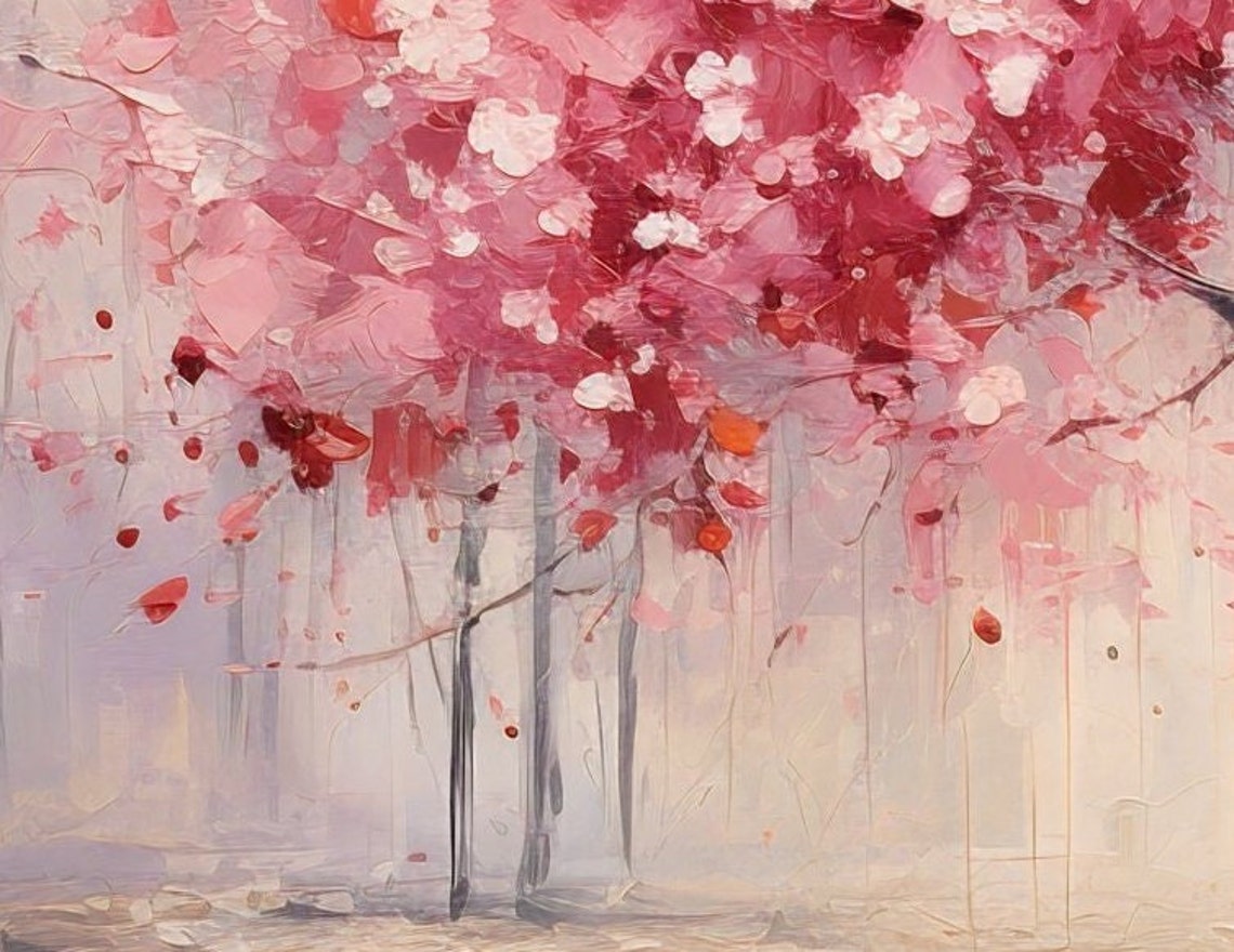 Pink Blossom Tree Alone In Misty Field Soft Spring Painting Poster - Image 2
