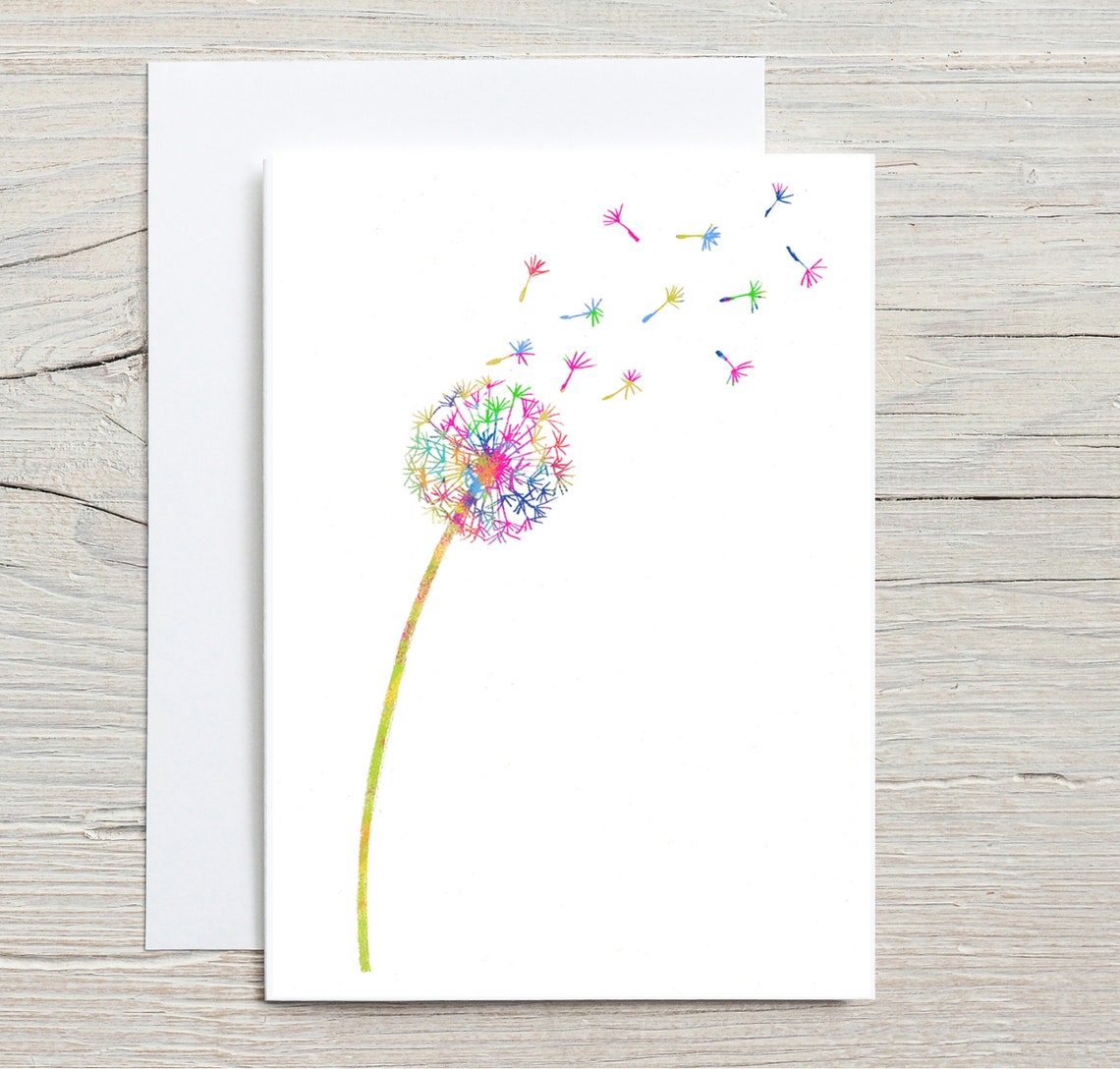 Colorful Rainbow Dandelion Seed Head Watercolor Greeting Card Print