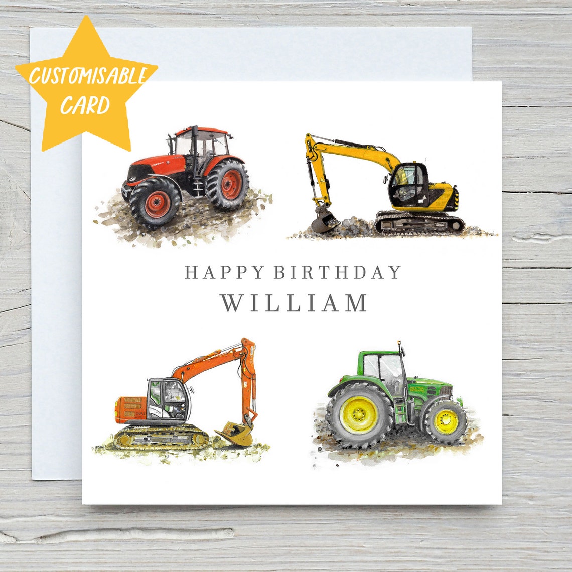 Happy Birthday William Tractors Diggers Machinery Card Wall Art