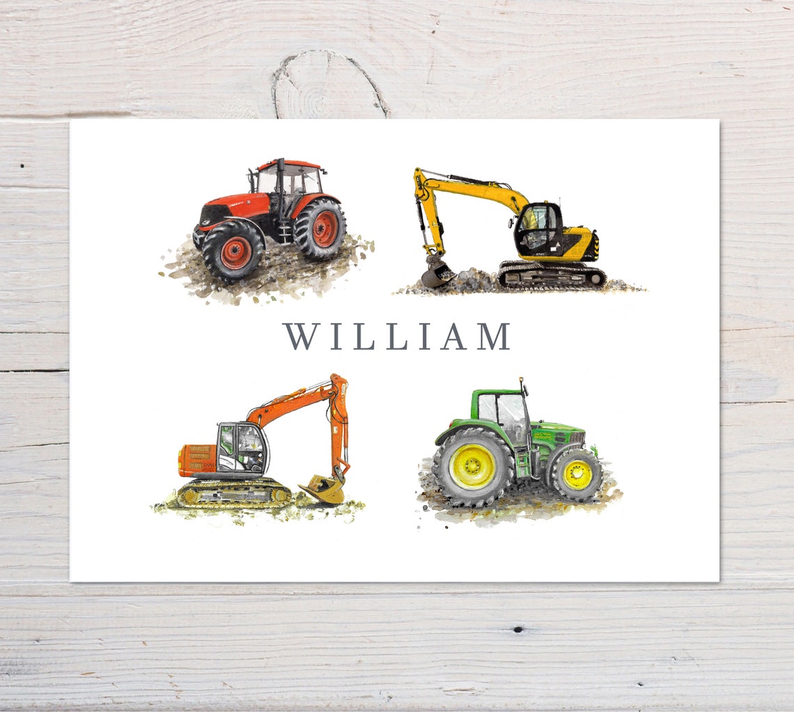 Tractors and Diggers Personalised Name Construction Vehicle Wall Art