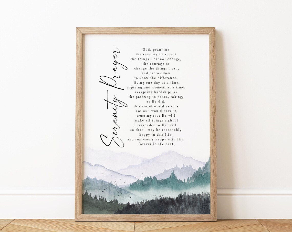 Serenity Prayer Vertical Script Misty Mountain Scripture Poster