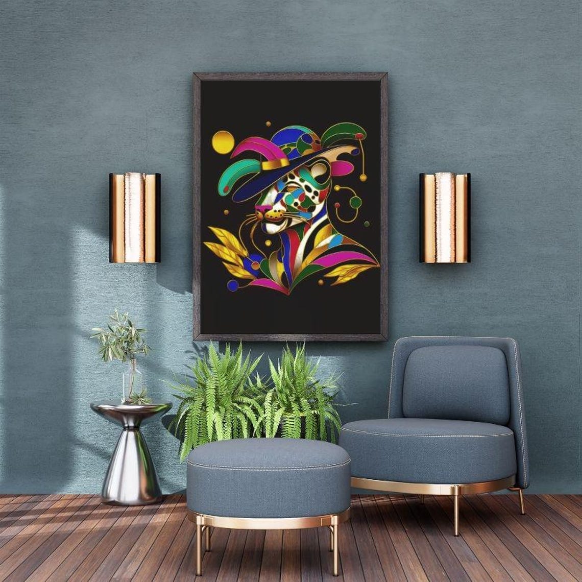 Multicolor Leopard Face Carnival Feathered Hat Pop Art Poster - Image 2
