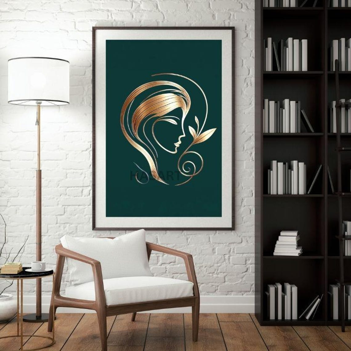Serene Golden Woman Profile Line Art on Emerald Green Poster - Image 3